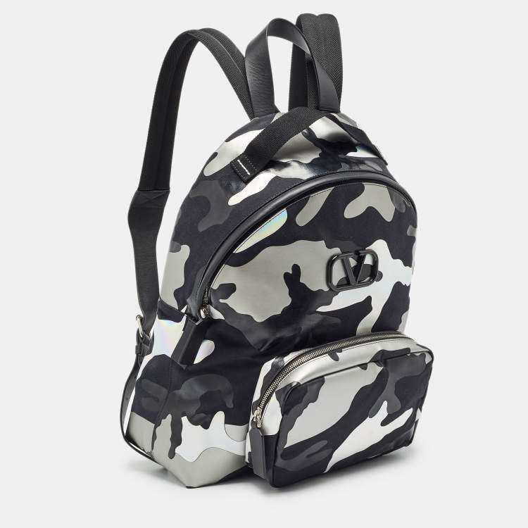 Pre Owned Valentino Black/Metallic Camouflage Fabric and Leather VLogo Backpack