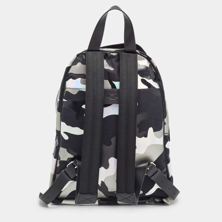 Pre Owned Valentino Black/Metallic Camouflage Fabric and Leather VLogo Backpack