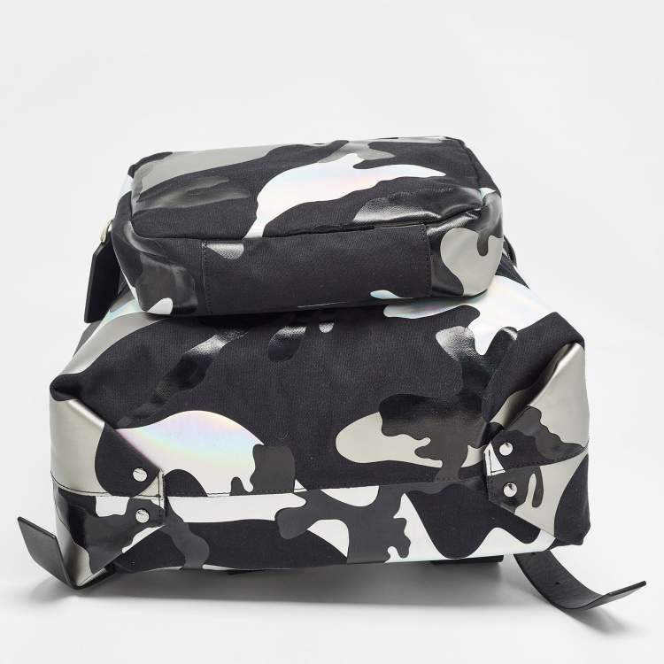 Pre Owned Valentino Black/Metallic Camouflage Fabric and Leather VLogo Backpack