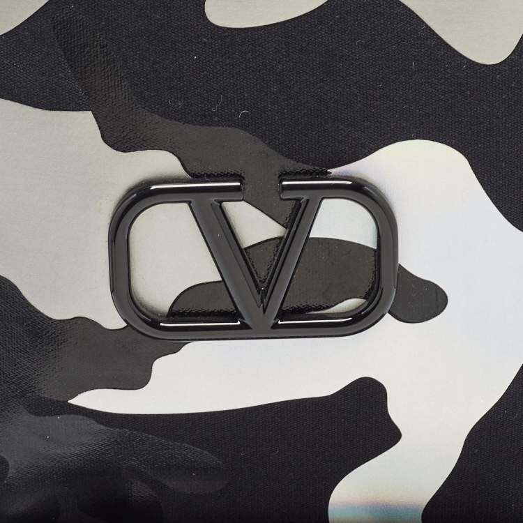 Pre Owned Valentino Black/Metallic Camouflage Fabric and Leather VLogo Backpack