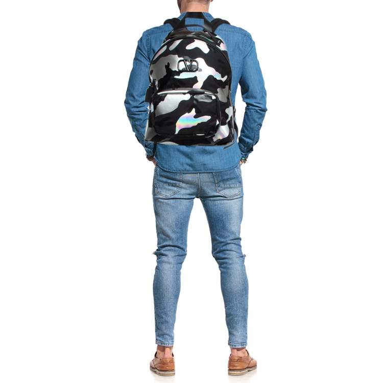Pre Owned Valentino Black/Metallic Camouflage Fabric and Leather VLogo Backpack