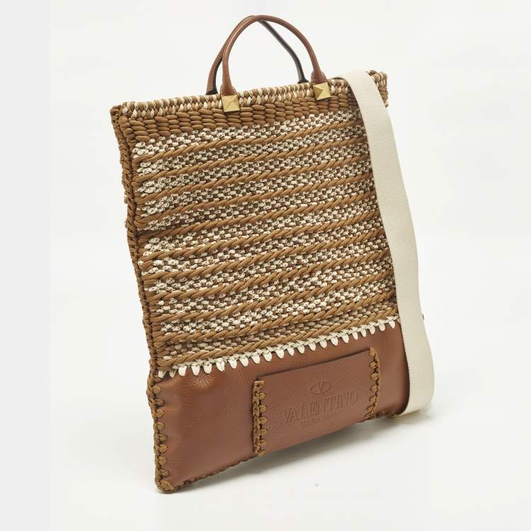Pre Owned Valentino Identity Woven Brown/Tan Leather and Rope Tote