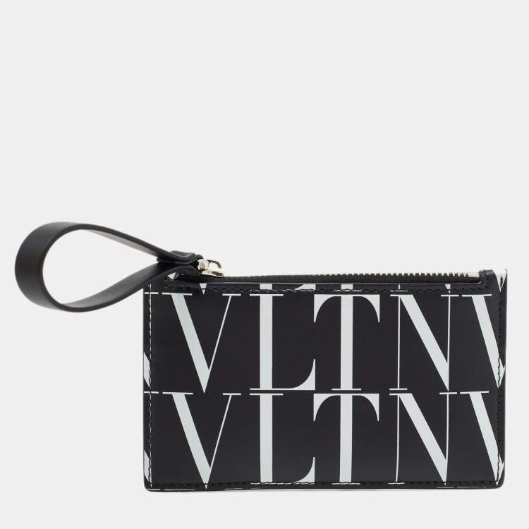 Pre Owned Valentino Black/White Leather VLTN Times Zip Card Holder 