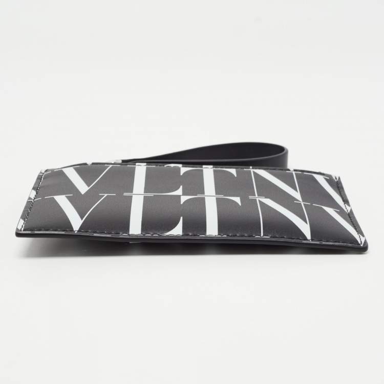 Pre Owned Valentino Black/White Leather VLTN Times Zip Card Holder 