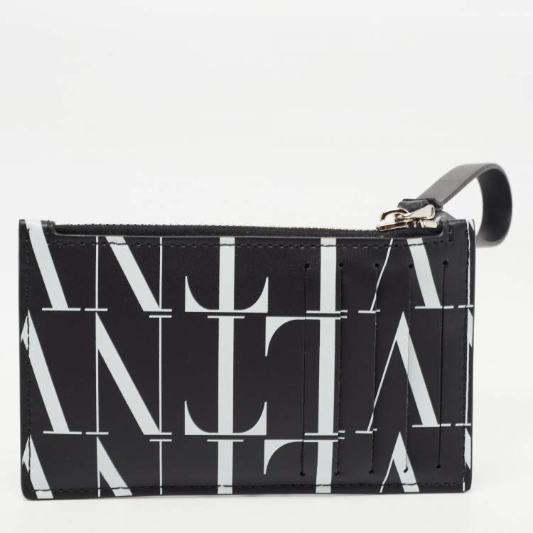 Pre Owned Valentino Black/White Leather VLTN Times Zip Card Holder 