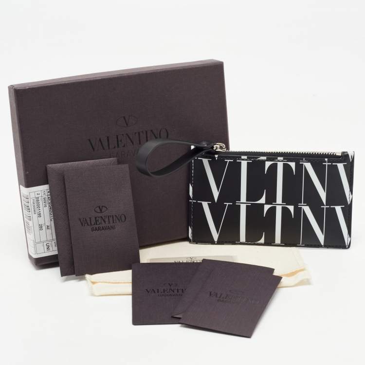 Pre Owned Valentino Black/White Leather VLTN Times Zip Card Holder 