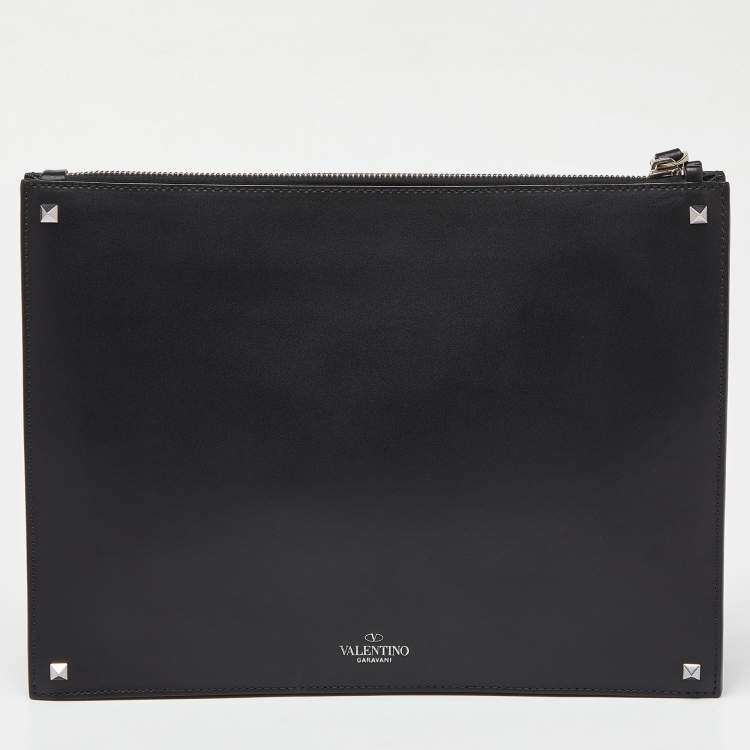 Pre Owned Valentino Black/White Leather VLNT Zip Pouch
