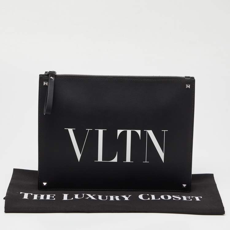 Pre Owned Valentino Black/White Leather VLNT Zip Pouch