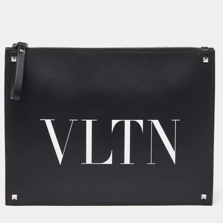 Pre Owned Valentino Black/White Leather VLNT Zip Pouch