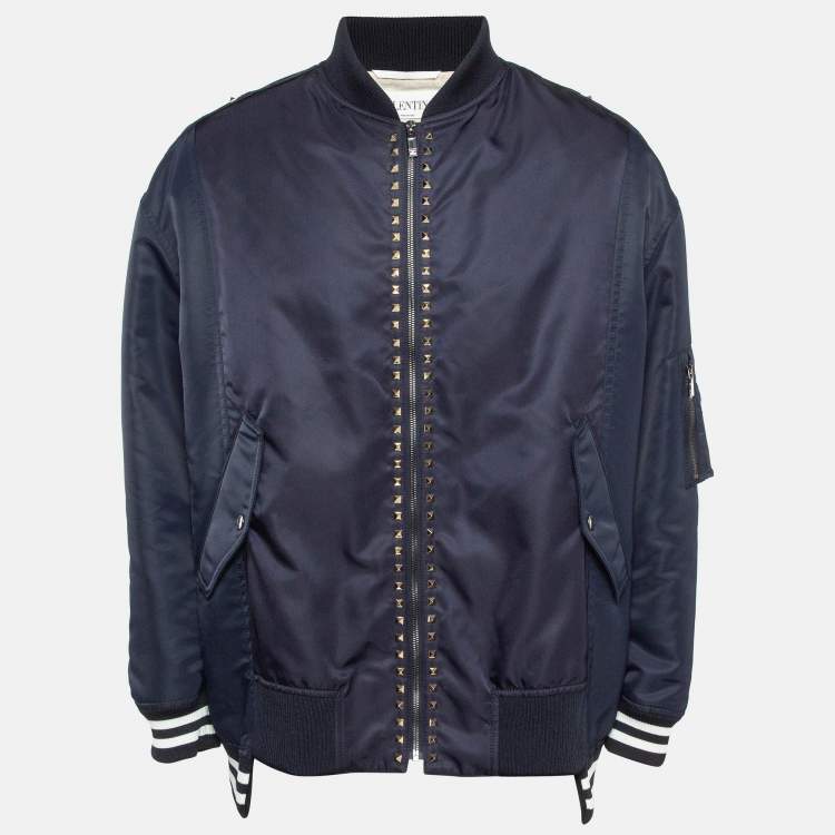 Pre Owned Valentino Navy Blue Rockstud Untitled Navy Blue Bomber Jacket L