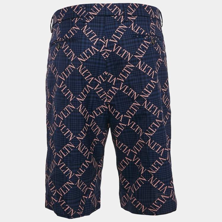 Pre Owned Valentino Navy Blue Logo Print Wool Bermuda Shorts M