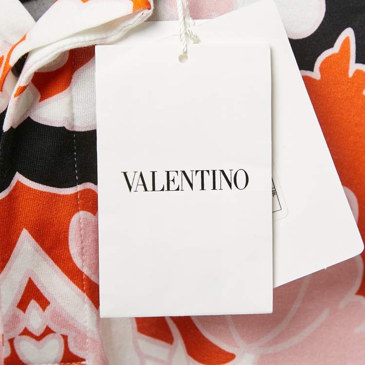 Pre Owned Valentino Black/Pink Floral Print Jersey Polo T-Shirt L