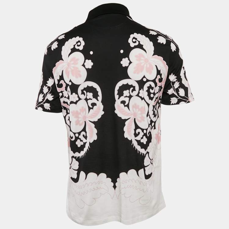 Pre Owned Valentino Black/Pink Floral Print Jersey Polo T-Shirt L