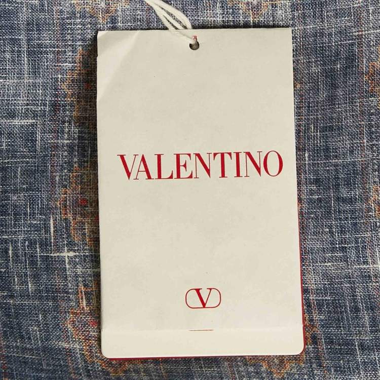 Pre Owned Valentino Blue Print Linen Buttoned Half Sleeve Shirt L