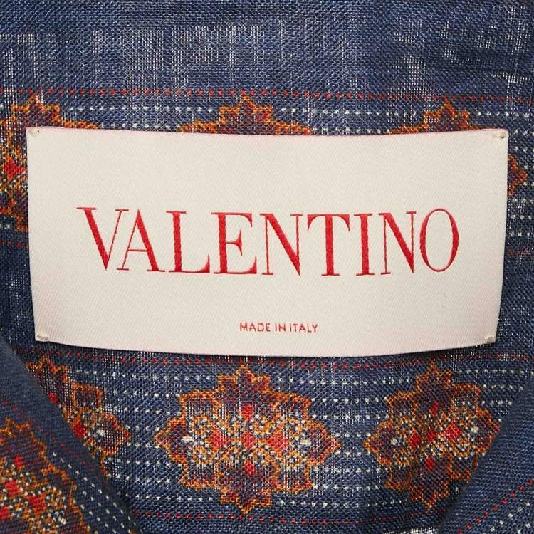Pre Owned Valentino Blue Print Linen Buttoned Half Sleeve Shirt L