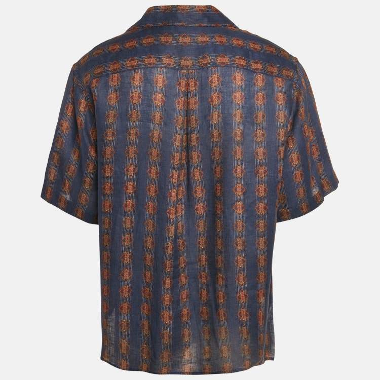 Pre Owned Valentino Blue Print Linen Buttoned Half Sleeve Shirt L