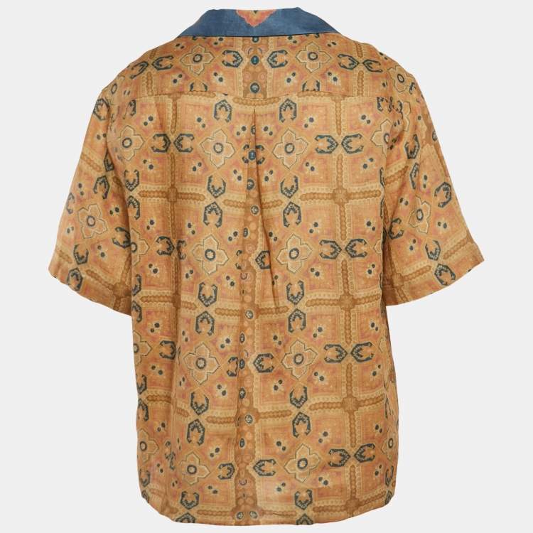 Pre Owned Valentino Beige Print Linen Buttoned Half Sleeve Shirt L