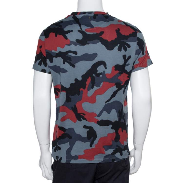 Valentino Grey/Red Cotton Camouflage Print T-Shirt Size M