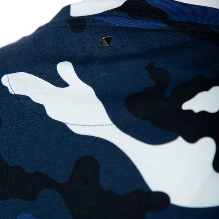 Pre Owned Valentino Blue Camo Print Cotton Crew Neck T-Shirt L 