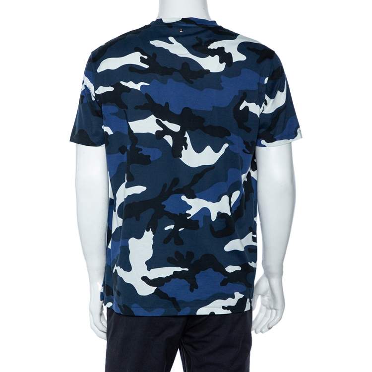 Pre Owned Valentino Blue Camo Print Cotton Crew Neck T-Shirt L 
