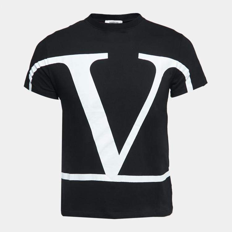 Valentino Black V Logo Print Cotton Crew Neck T Shirt XS Valentino