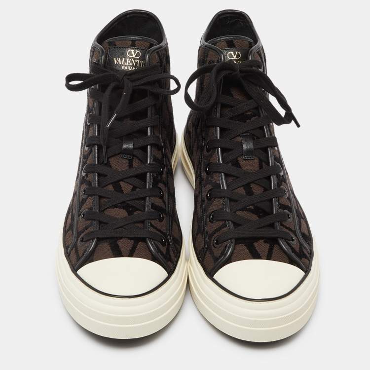 Pre Owned Valentino Brown/Black Canvas and Leather High Top Sneakers Size 43.5