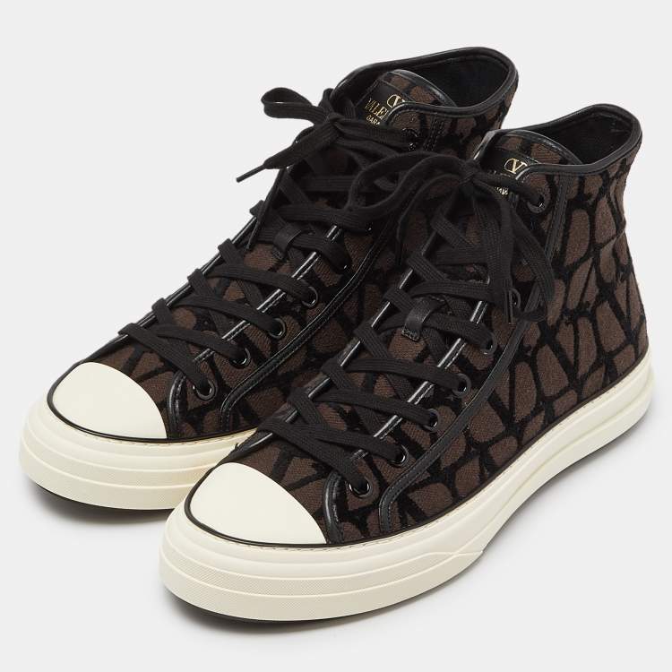 Pre Owned Valentino Brown/Black Canvas and Leather High Top Sneakers Size 43.5