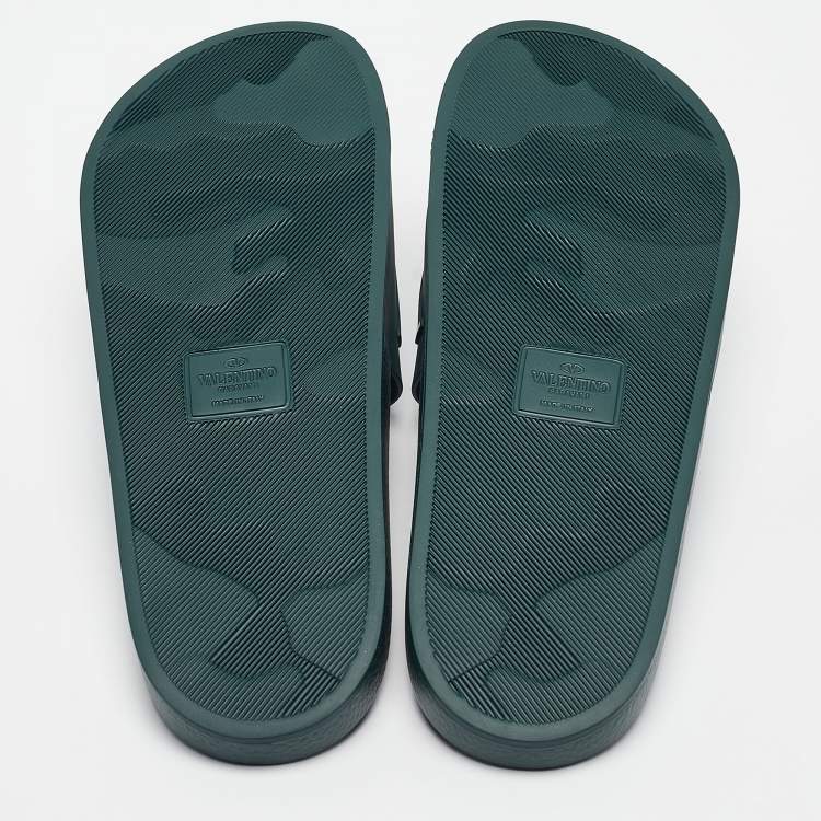 Pre Owned Valentino Green Rubber VLTN Flat Sandals Size 45