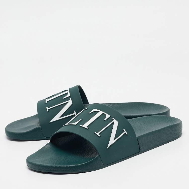 Pre Owned Valentino Green Rubber VLTN Flat Sandals Size 45