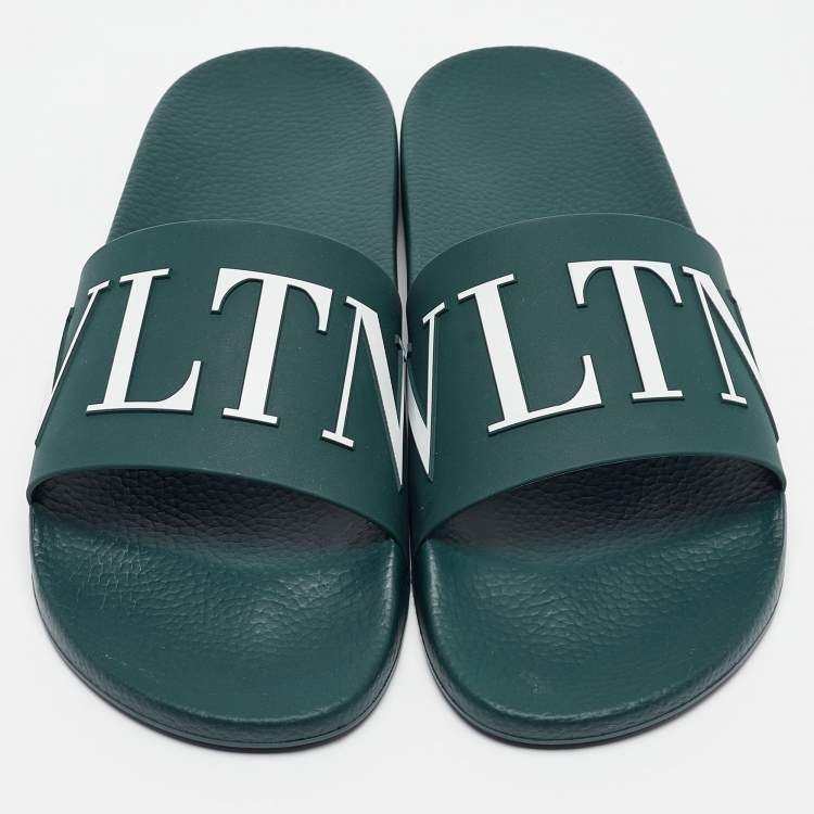 Pre Owned Valentino Green Rubber VLTN Flat Sandals Size 45