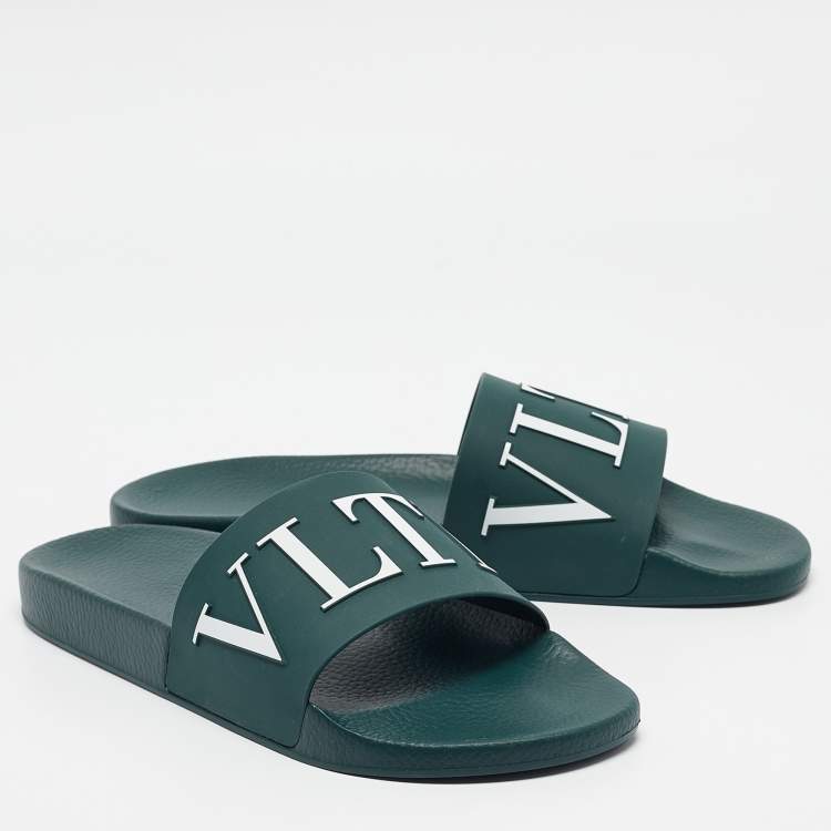 Pre Owned Valentino Green Rubber VLTN Flat Sandals Size 45