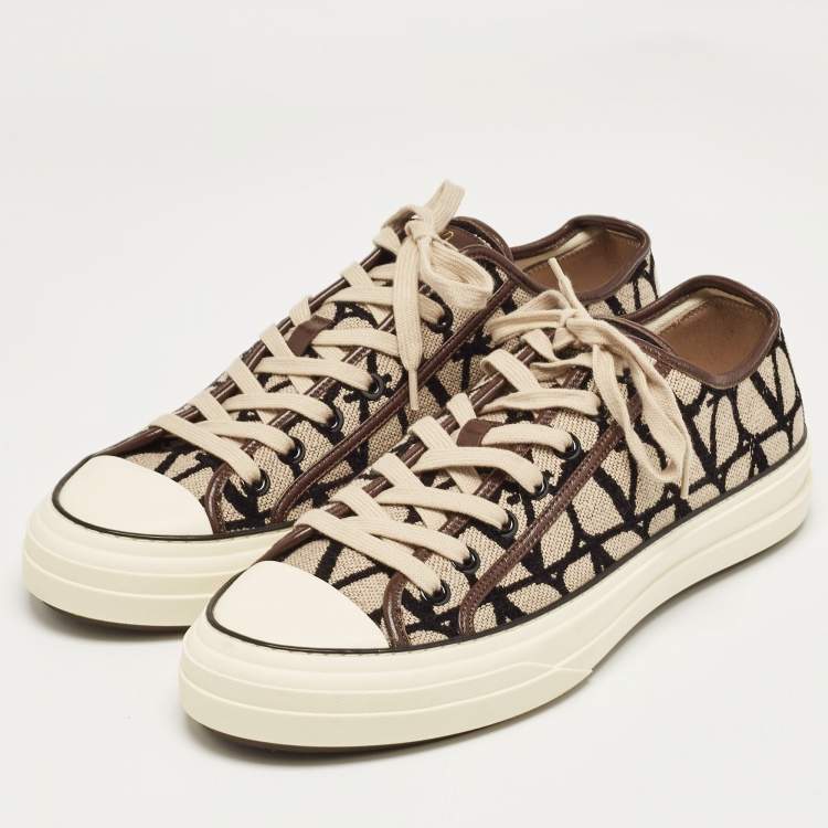 Pre Owned Valentino Brown/Beige Canvas and Leather Toile Iconographe Sneakers Size 44 