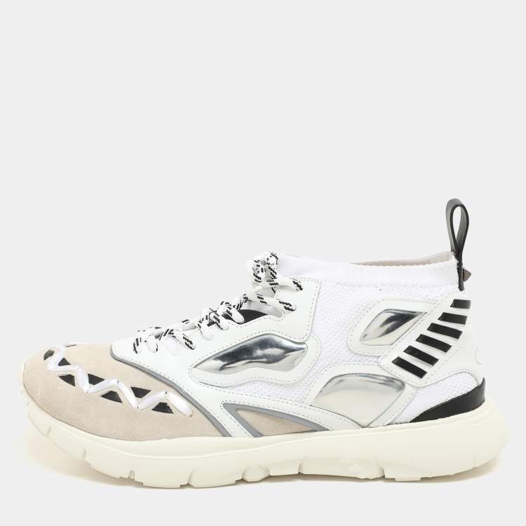 Pre Owned Valentino White/Black Knit Fabric and Leather Heroes Reflex Low Top Sneakers Size 44