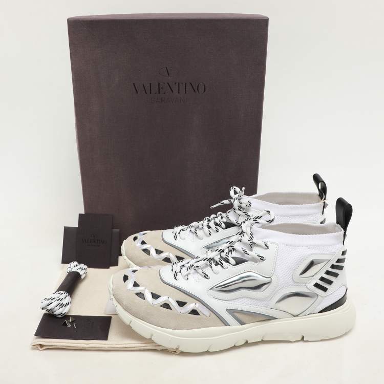 Pre Owned Valentino White/Black Knit Fabric and Leather Heroes Reflex Low Top Sneakers Size 44