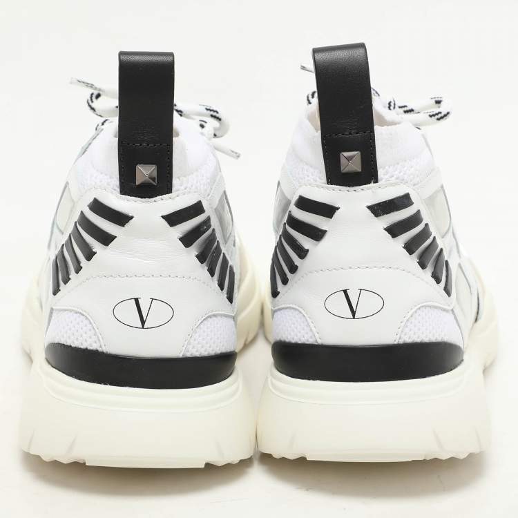 Pre Owned Valentino White/Black Knit Fabric and Leather Heroes Reflex Low Top Sneakers Size 44