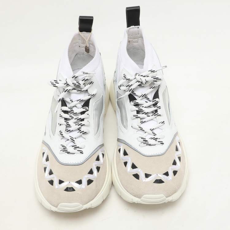 Pre Owned Valentino White/Black Knit Fabric and Leather Heroes Reflex Low Top Sneakers Size 44
