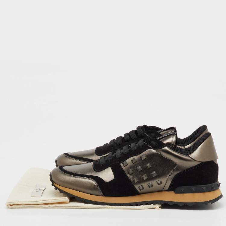 Pre Owned Valentino Black/Metallic Leather and Suede Rockrunner Low Top Sneakers Size 45