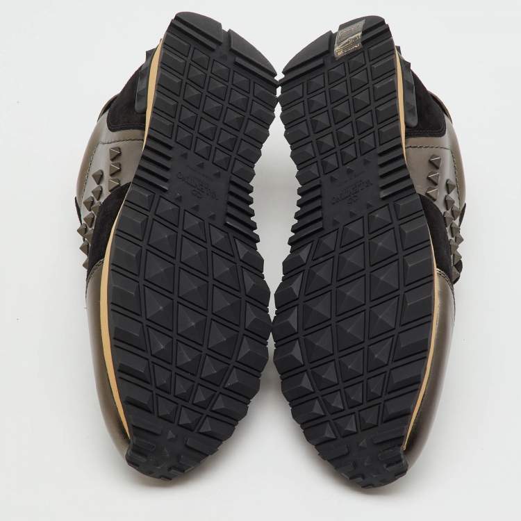 Pre Owned Valentino Black/Metallic Leather and Suede Rockrunner Low Top Sneakers Size 45