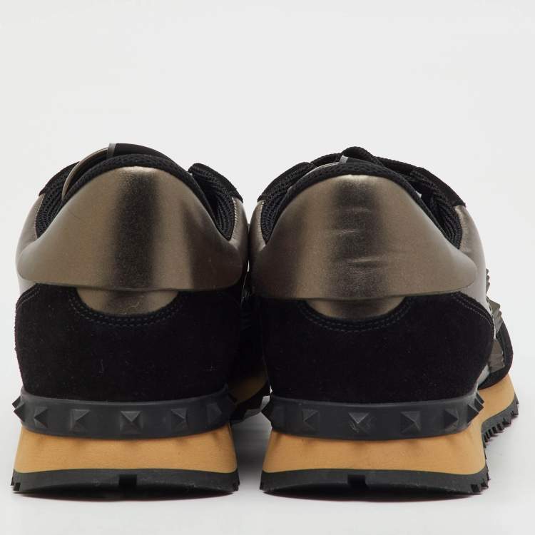 Pre Owned Valentino Black/Metallic Leather and Suede Rockrunner Low Top Sneakers Size 45