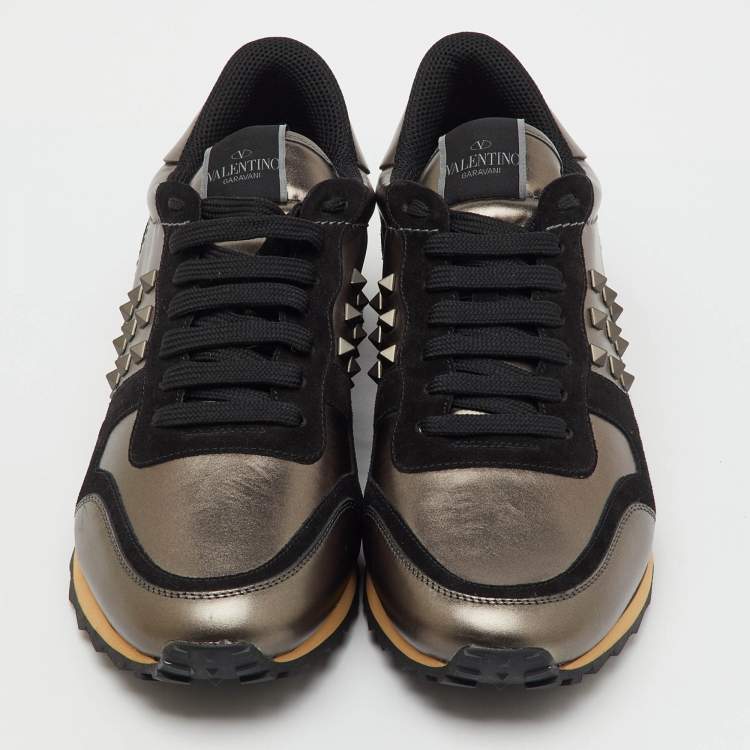 Pre Owned Valentino Black/Metallic Leather and Suede Rockrunner Low Top Sneakers Size 45