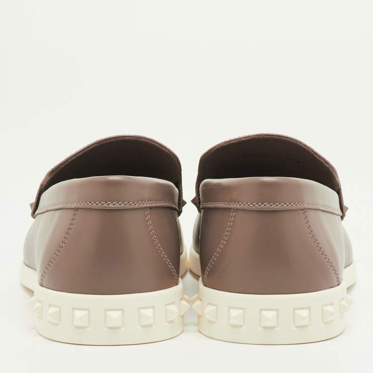 Pre Owned Valentino Rockstud Size 42.5 Clay Brown Signature Canvas and Leather Slip On Loafers