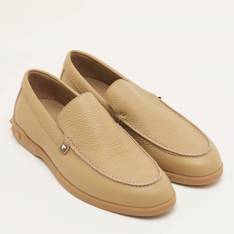 Pre Owned Valentino Rockstud Size 42.5 Desert Brown Leather Slip On Loafers