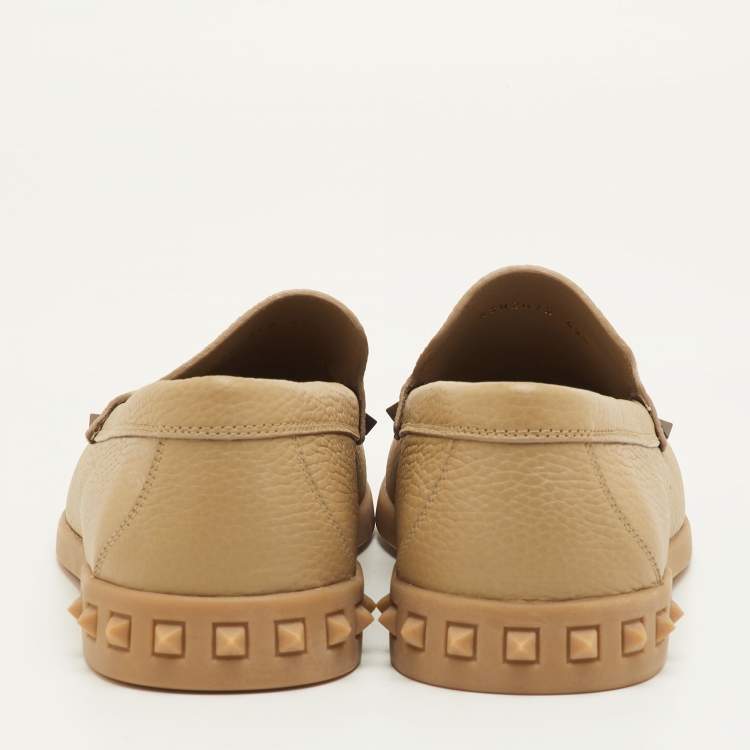 Pre Owned Valentino Rockstud Size 42.5 Desert Brown Leather Slip On Loafers