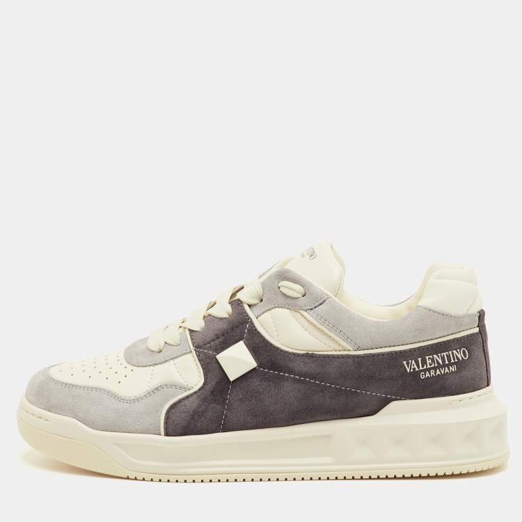 Pre Owned Valentino One Stud XL Size 41.5 Grey/White Suede and Leather Low Top Sneakers