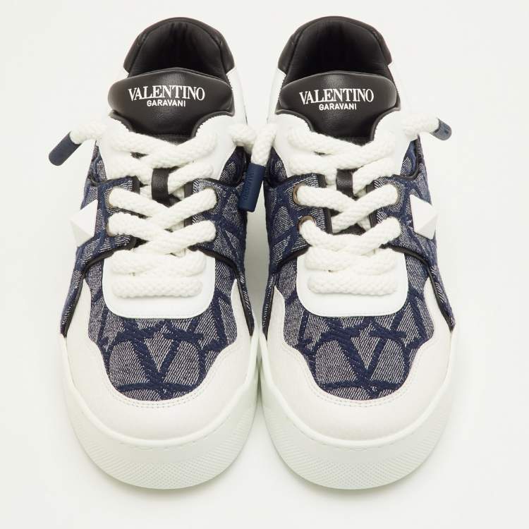 Pre Owned Valentino One Stud XL Size 41.5 Navy Blue/White Toile Iconographe Jacquard and Leather Sneakers