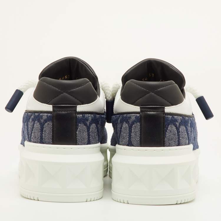 Pre Owned Valentino One Stud XL Size 41.5 Navy Blue/White Toile Iconographe Jacquard and Leather Sneakers