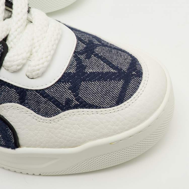Pre Owned Valentino One Stud XL Size 41.5 Navy Blue/White Toile Iconographe Jacquard and Leather Sneakers