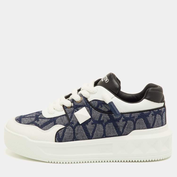 Pre Owned Valentino One Stud XL Size 41.5 Navy Blue/White Toile Iconographe Jacquard and Leather Sneakers