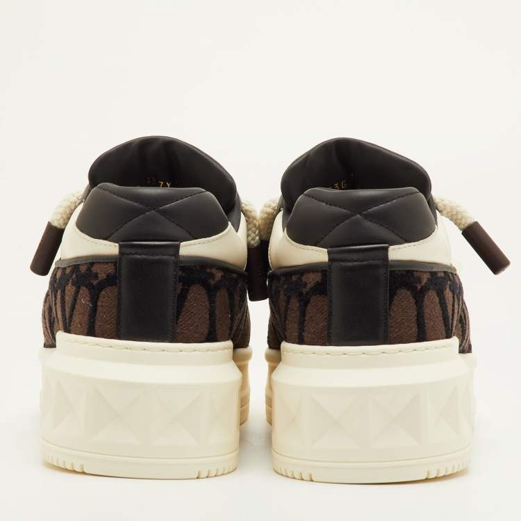 Pre Owned Valentino One Stud XL Size 41.5 Dark Brown/White Toile Iconographe Jacquard and Leather Sneakers