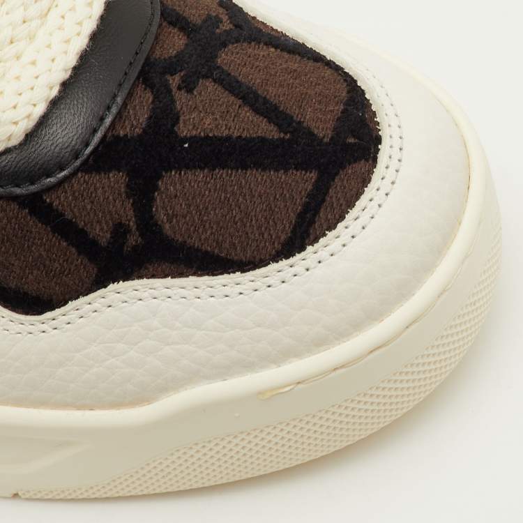 Pre Owned Valentino One Stud XL Size 41.5 Dark Brown/White Toile Iconographe Jacquard and Leather Sneakers